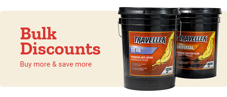 Bulk Discounts promotion at Tractor Supply Co. featuring two large 5-gallon black buckets of Traveller brand hydraulic and tractor fluid. The banner text reads "Bulk Discounts - Buy more & save more" on a beige background, promoting savings on large quantity purchases.