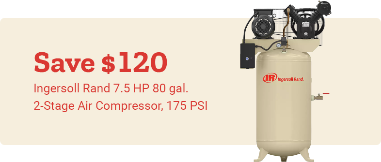 Save $120 on the Ingersoll Rand 7.5 HP 80 gallon 2-Stage Air Compressor, 175 PSI. A large, cream-colored Ingersoll Rand air compressor is shown with its motor and tank visible. This air compressor is ideal for industrial, automotive, and workshop applications.