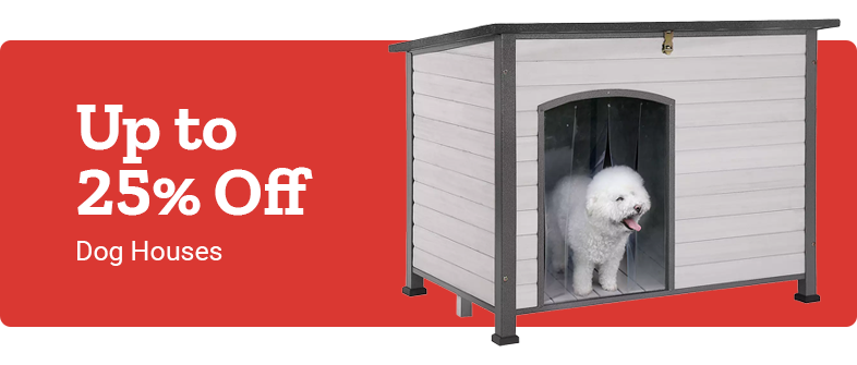 A small white fluffy dog stands inside a modern gray and white dog house with a black roof, featured against a red background. Promotional text on the left reads: "Up to 25% Off Dog Houses."