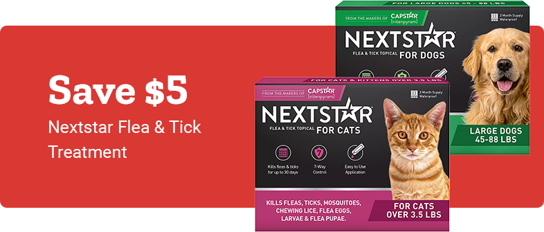 Promotional banner with red background displaying text: "Save $5 Nextstar Flea & Tick Treatment." Product packaging for Nextstar Flea & Tick Topical for Cats over 3.5 lbs and Nextstar Flea & Tick Topical for Dogs, Large Dogs 45 to 88 lbs, from the makers of Capstar, is shown.