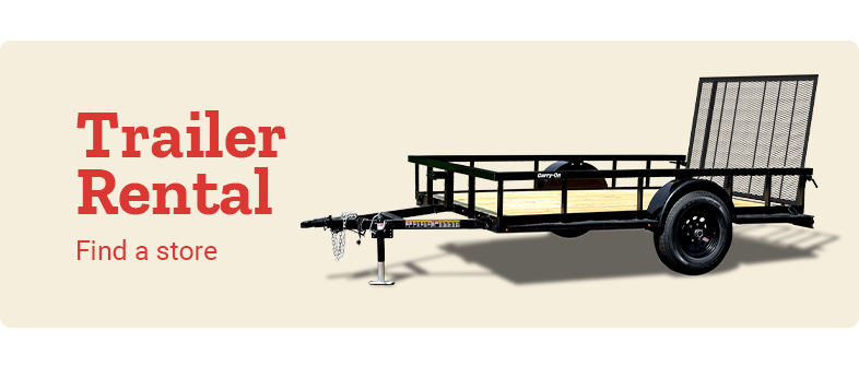 A black utility trailer with a wooden bed and metal mesh ramp is displayed against a beige background. Promotional text on the left reads: "Trailer Rental Find a store."