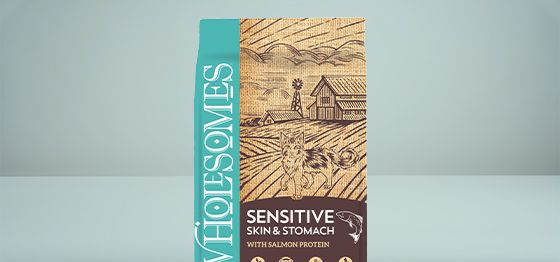 A bag of Wholesomes®Sensitive Skin &Stomach pet food featuring a turquoise vertical brand panel and a rustic farm illustration with a barn,windmill,fields,and dogs;the product name "Sensitive Skin &Stomach"appears on a dark label at the bottom right.