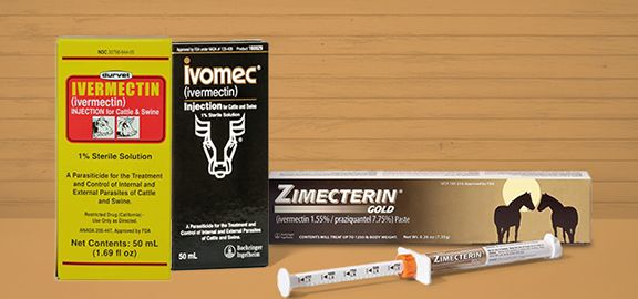 Three types of livestock dewormers displayed against a wooden backdrop:Durvet Ivermectin for cattle &swine,Ivomec injectable solution featuring a cattle icon,and Zimecterin Gold paste for horses with syringe applicator in front of the packaging.