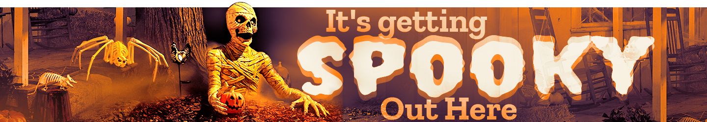 Skeleton props,giant bone spiders,and glowing jack-o-lanterns decorate a spooky front yard scene beneath the heading "It's getting SPOOKY Out Here". Perfect for Halloween enthusiasts,this eerie display captures seasonal charm and frightful fun.