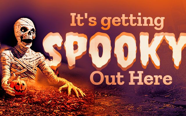 Skeleton props,giant bone spiders,and glowing jack-o-lanterns decorate a spooky front yard scene beneath the heading "It's getting SPOOKY Out Here". Perfect for Halloween enthusiasts,this eerie display captures seasonal charm and frightful fun.