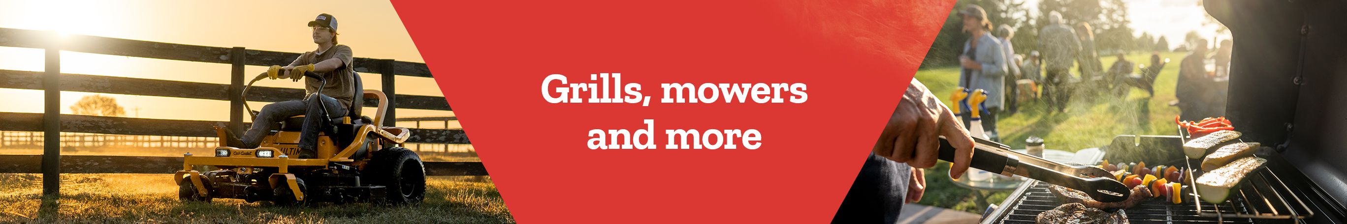 Promotional banner with the text "Grills,mowers and more."The left side shows a person riding a yellow Cub Cadet lawn mower in a sunlit field near a wooden fence. The right side features food being grilled outdoors at a gathering,including vegetables and steak,with people relaxing in the background.