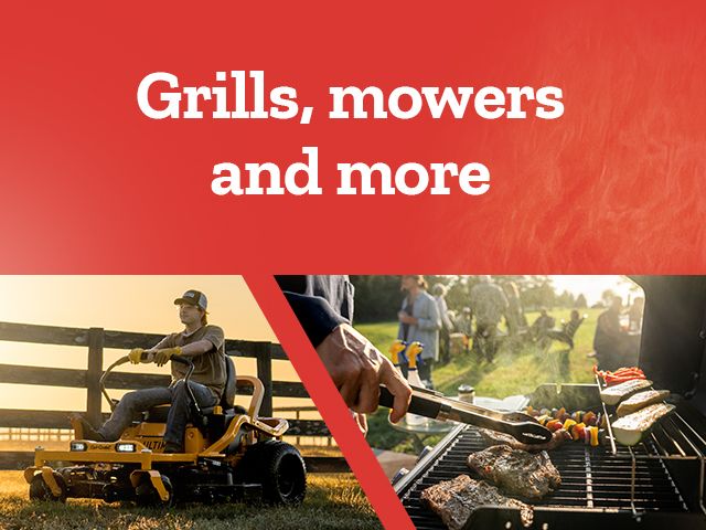 Promotional banner with the text "Grills,mowers and more."The left side shows a person riding a yellow Cub Cadet lawn mower in a sunlit field near a wooden fence. The right side features food being grilled outdoors at a gathering,including vegetables and steak,with people relaxing in the background.