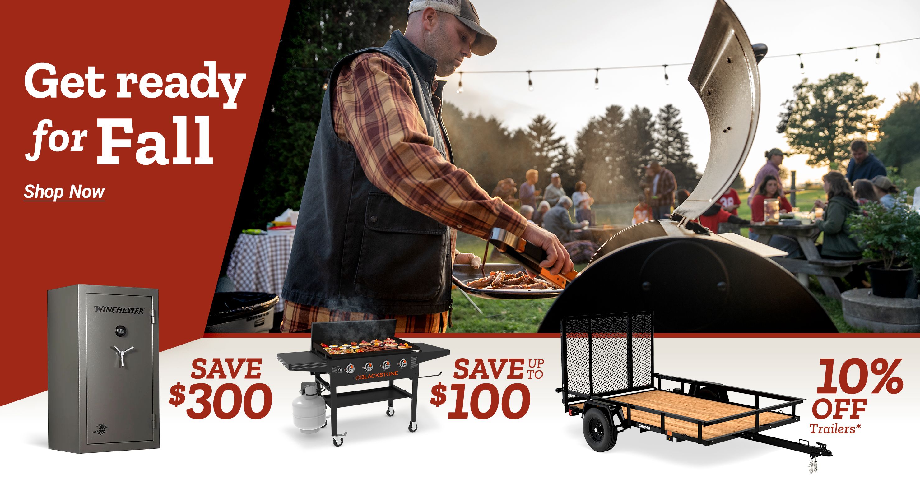 Fall savings promotion banner from Tractor Supply Co. A man grills food at an outdoor gathering with string lights and people sitting at picnic tables. Text reads: Get ready for Fall. Shop Now. Featured deals include: Save $300 on a Winchester safe, Save up to $100 on a Blackstone grill, and 10% Off Trailers*.