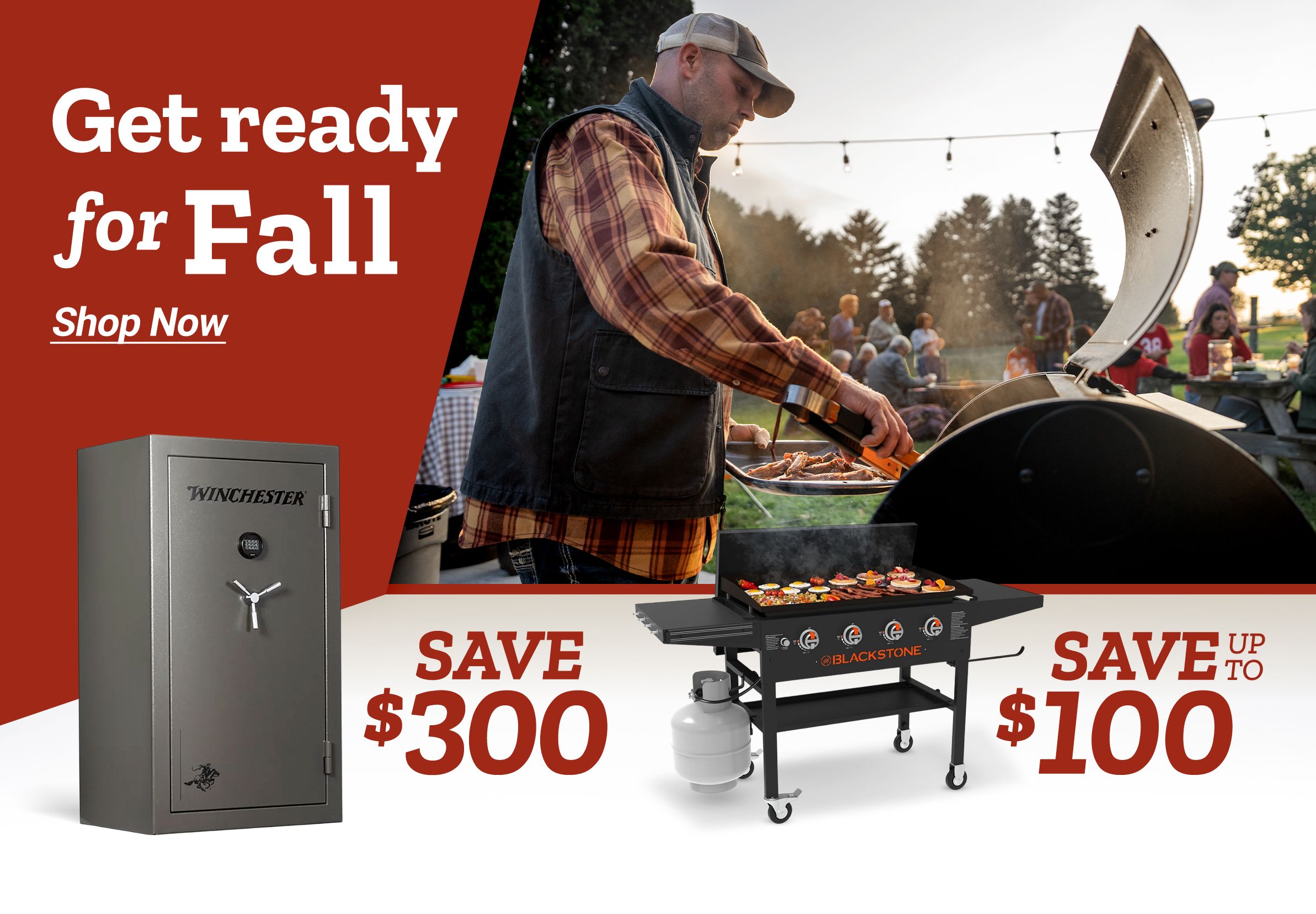 Fall savings promotion banner from Tractor Supply Co. A man grills food at an outdoor gathering with string lights and people sitting at picnic tables. Text reads: Get ready for Fall. Shop Now. Featured deals include: Save $300 on a Winchester safe, Save up to $100 on a Blackstone grill, and 10% Off Trailers*.