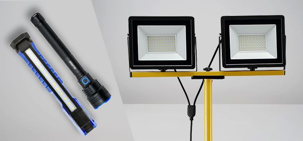 Image of work lighting products. On the left,two handheld LED flashlights with blue accents. On the right,a dual-head LED work light mounted on a yellow adjustable tripod stand.