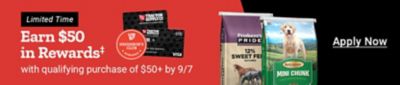 Tractor Supply Company Neighbor's Club promotion. Earn 50 dollars in rewards with a qualifying purchase of 50 dollars or more by September 7. Limited time offer. Image shows TSC credit cards,Producer's Pride sweet feed,and Retriever Mini Chunk dog food. Apply Now.