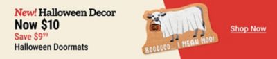 New Red Shed Halloween decor:Halloween doormats now $10,save $9.99. Promotional banner featuring a ghost cow doormat holding a jack-o'-lantern.