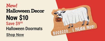 New Red Shed Halloween decor:Halloween doormats now $10,save $9.99. Promotional banner featuring a ghost cow doormat holding a jack-o'-lantern.