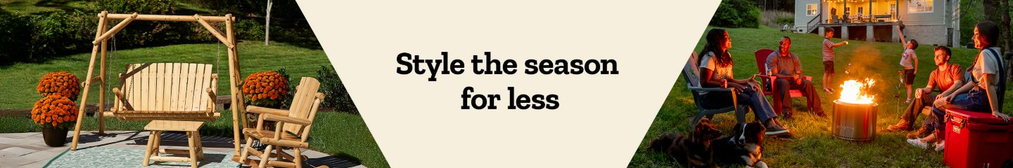 Style the season for less. A promotional banner for outdoor furniture and decor. The left side of the image shows a wooden porch swing,a rocking chair,and potted orange mums on a stone patio. The right side shows a family sitting around a fire pit in a backyard at dusk.