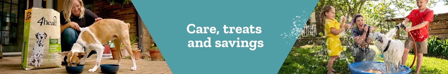 Care,treats and savings. A promotional banner for pet supplies. The left side of the image shows a woman petting her dog as it eats from a bowl next to a large bag of 4health dog food. The right side shows a family giving their dog a bath in a blue tub in a grassy backyard.
