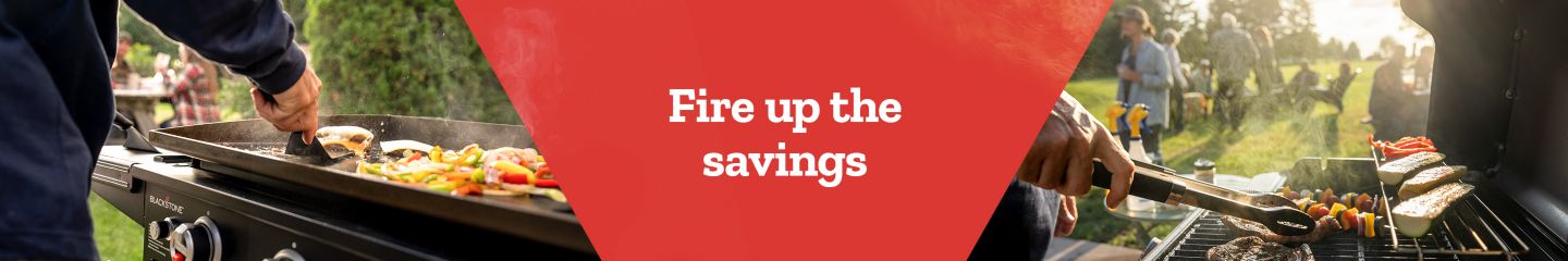 Fire up the savings. A promotional banner for summer grilling and outdoor cooking. The left side shows a person cooking fajitas with peppers and onions on a large griddle. On the right,another person is grilling meat and vegetable skewers on a traditional charcoal grill.
