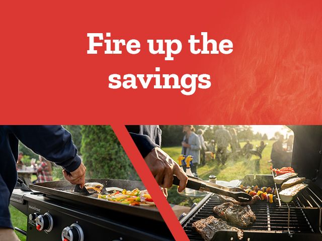 Fire up the savings. A promotional banner for summer grilling and outdoor cooking. The left side shows a person cooking fajitas with peppers and onions on a large griddle. On the right,another person is grilling meat and vegetable skewers on a traditional charcoal grill.