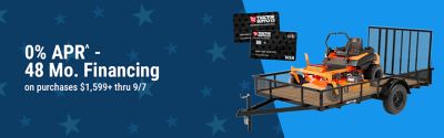 Tractor Supply Co 0 percent APR 48 month financing on purchases 1,599 plus through September 7 featuring a trailer with a zero turn mower and Tractor Supply credit cards.