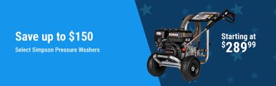 Simpson pressure washers promotion, save up to 150 on select Simpson pressure washers, starting at 289.99.