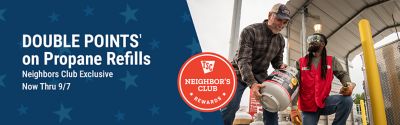 Tractor Supply Co Neighbors Club double points on propane refills exclusive now thru 9/7 with two men handling a propane tank at the refill station.