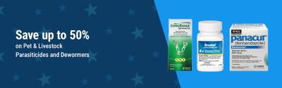 Save up to 50 percent on Tractor Supply pet and livestock parasiticides and dewormers featuring LongRange eprinomectin, Droncit praziquantel tablets, and Panacur fenbendazole dewormer.
