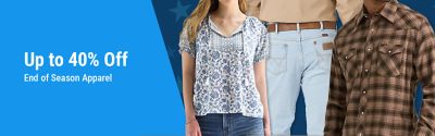 Up to 40 percent off end of season apparel featuring women's floral top, jeans, and men's plaid shirt.