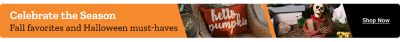 Tractor Supply Company seasonal promotion. Celebrate the season with fall favorites and Halloween must-haves. Image shows fall home decor including a hello pumpkin pillow and an outdoor Halloween skeleton decoration. Shop Now.