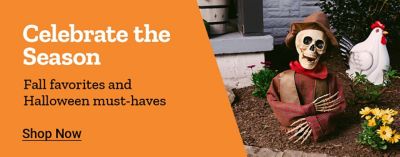 Tractor Supply Company seasonal promotion. Celebrate the season with fall favorites and Halloween must-haves. Image shows fall home decor including a hello pumpkin pillow and an outdoor Halloween skeleton decoration. Shop Now.