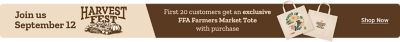 Tractor Supply Company Harvest Fest promotion. Join us September 12. The first 20 customers get an exclusive FFA Farmers Market tote with purchase. Image shows Harvest Fest artwork and two reusable tote bags. Shop Now.