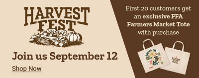 Tractor Supply Company Harvest Fest promotion. Join us September 12. The first 20 customers get an exclusive FFA Farmers Market tote with purchase. Image shows Harvest Fest artwork and two reusable tote bags. Shop Now.