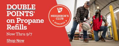 Tractor Supply Company Neighbor's Club promotion. Earn double points on propane refills now through September 7. Image shows a customer and Tractor Supply team member handling a propane tank. Shop Now.