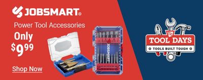 Tractor Supply Company Tool Days promotion featuring JobSmart tools. Power tool accessories only 9.99 and hand tools only 19.99. Image shows power tool accessory sets and a set of adjustable wrenches. Shop Now.
