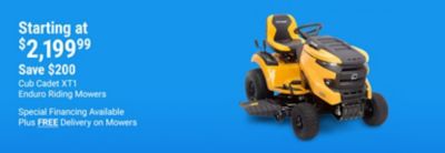 Tractor Supply Company promotion. Cub Cadet XT1 Enduro riding mowers starting at 2,199.99 with savings of 200 dollars. Special financing available plus free delivery on mowers. Image shows a yellow Cub Cadet riding lawn mower on a blue background.