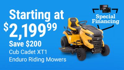 Tractor Supply Company promotion. Cub Cadet XT1 Enduro riding mowers starting at 2,199.99 with savings of 200 dollars. Special financing available plus free delivery on mowers. Image shows a yellow Cub Cadet riding lawn mower on a blue background.