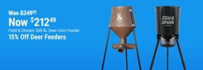 Tractor Supply Company promotion. Field & Stream 200 pound deer corn feeder now 212.49, was 249.99. Save 15 percent off deer feeders. Image shows two tripod-style deer feeders on a blue background.