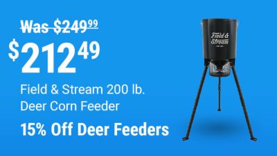 Tractor Supply Company promotion. Field & Stream 200 pound deer corn feeder now 212.49, was 249.99. Save 15 percent off deer feeders. Image shows two tripod-style deer feeders on a blue background.