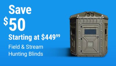 Tractor Supply Company promotion. Save 50 dollars on Field & Stream hunting blinds starting at 449.99. Image shows two Field & Stream enclosed hunting blinds on a blue background.