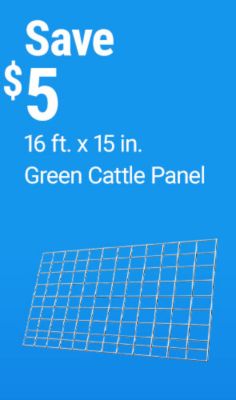 Tractor Supply Company promotion. Save 5 dollars on a 16 foot by 15 inch green cattle panel. Image shows a green metal livestock panel on a blue background.