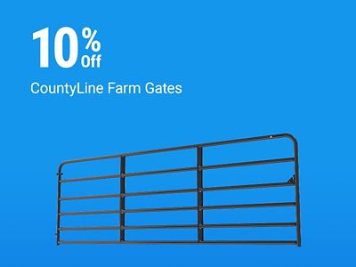 Tractor Supply Company promotion. Save 10 percent on CountyLine farm gates. Image shows a metal livestock farm gate on a blue background.