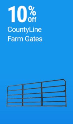 Tractor Supply Company promotion. Save 10 percent on CountyLine farm gates. Image shows a metal livestock farm gate on a blue background.