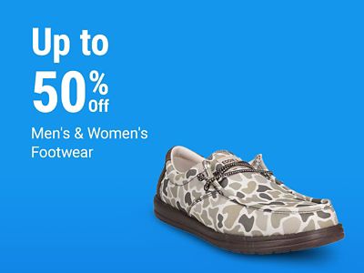 Tractor Supply Company promotion. Save up to 50 percent off men's and women's footwear. Image shows a camouflage patterned slip-on shoe on a blue background.