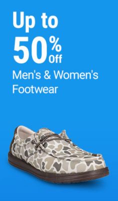 Tractor Supply Company promotion. Save up to 50 percent off men's and women's footwear. Image shows a camouflage patterned slip-on shoe on a blue background.