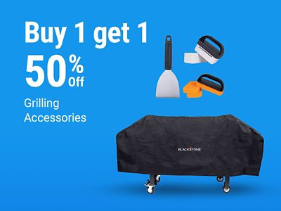 Tractor Supply Company promotion. Buy one grilling accessory and get one 50 percent off. Image shows grilling spatulas, cleaning accessories, and a Blackstone grill cover on a blue background.