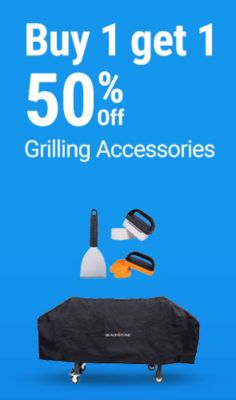 Tractor Supply Company promotion. Buy one grilling accessory and get one 50 percent off. Image shows grilling spatulas, cleaning accessories, and a Blackstone grill cover on a blue background.