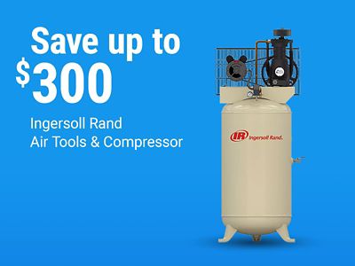 Tractor Supply Company promotion. Save up to 300 dollars on Ingersoll Rand air tools and compressors. Image shows a vertical Ingersoll Rand air compressor on a blue background.