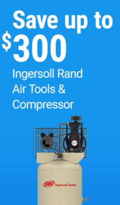 Tractor Supply Company promotion. Save up to 300 dollars on Ingersoll Rand air tools and compressors. Image shows a vertical Ingersoll Rand air compressor on a blue background.