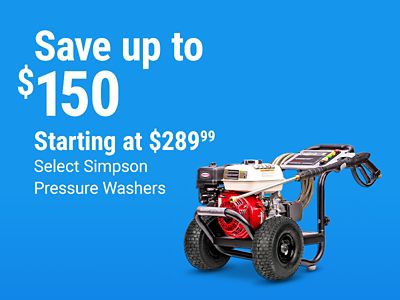 Tractor Supply Company promotion. Save up to 150 dollars on select Simpson pressure washers starting at 289.99. Image shows a gas-powered Simpson pressure washer on a blue background.