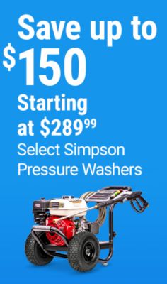 Tractor Supply Company promotion. Save up to 150 dollars on select Simpson pressure washers starting at 289.99. Image shows a gas-powered Simpson pressure washer on a blue background.