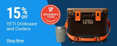 Tractor Supply Company Neighbor's Club promotion. Save 15 percent on YETI drinkware and coolers. Image shows a YETI soft cooler and tumbler alongside the Neighbor's Club Rewards logo. Shop Now.