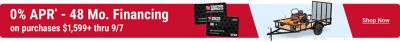 0% APR for 48-month financing on purchases of $1,599 or more through September 7 with a Tractor Supply credit card, featuring a zero-turn mower and utility trailer.